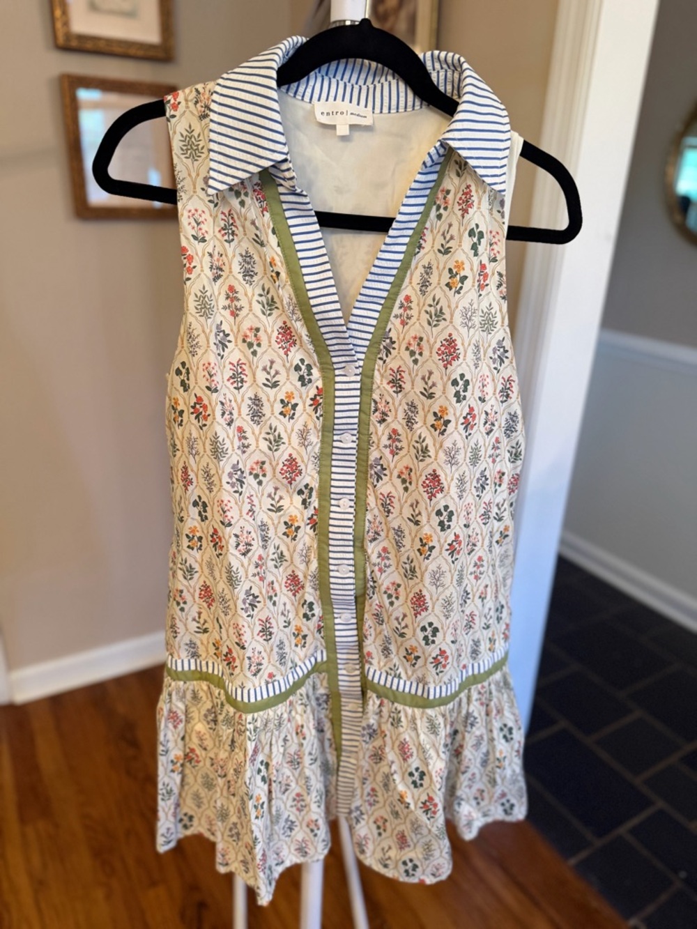 Entro Botanical Printed Sleeveless Collared Dress with Green, Blue, & White Trim